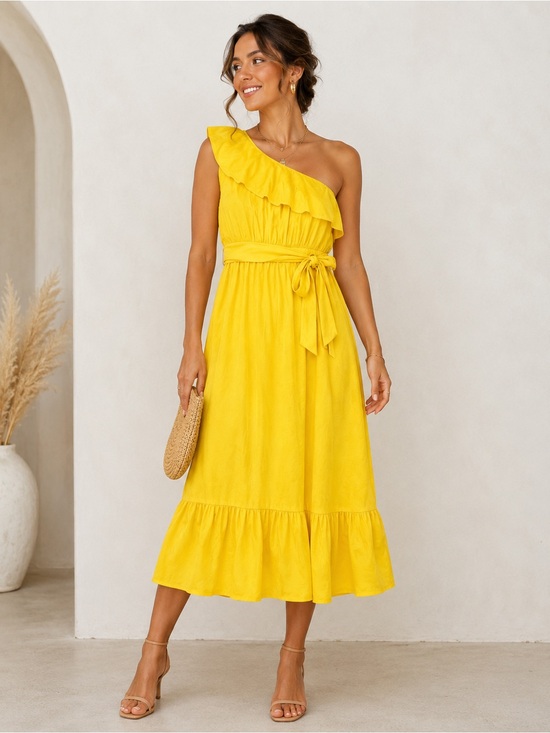 Tacera Dresses & Skirts - NWT Asymmetrical Tiered One Shoulder Midi Dress 2X Ruffle Belted Resort Summer
